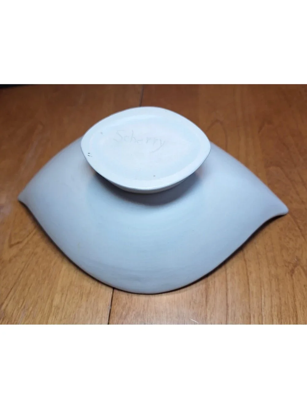 Crate/Barrel Look Alike Art Pottery Oval Shaped Pointed Ends Trinket Dish Signed